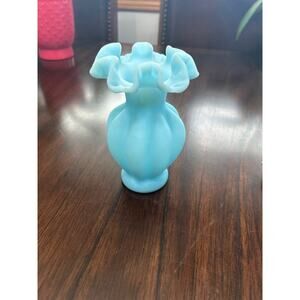 VTG Fenton Sky Blue Satin Melon Ruffled Vase 5.75” Art Glass